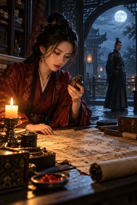 古装权谋题材插画：烛光下查看印章的古装女匠人